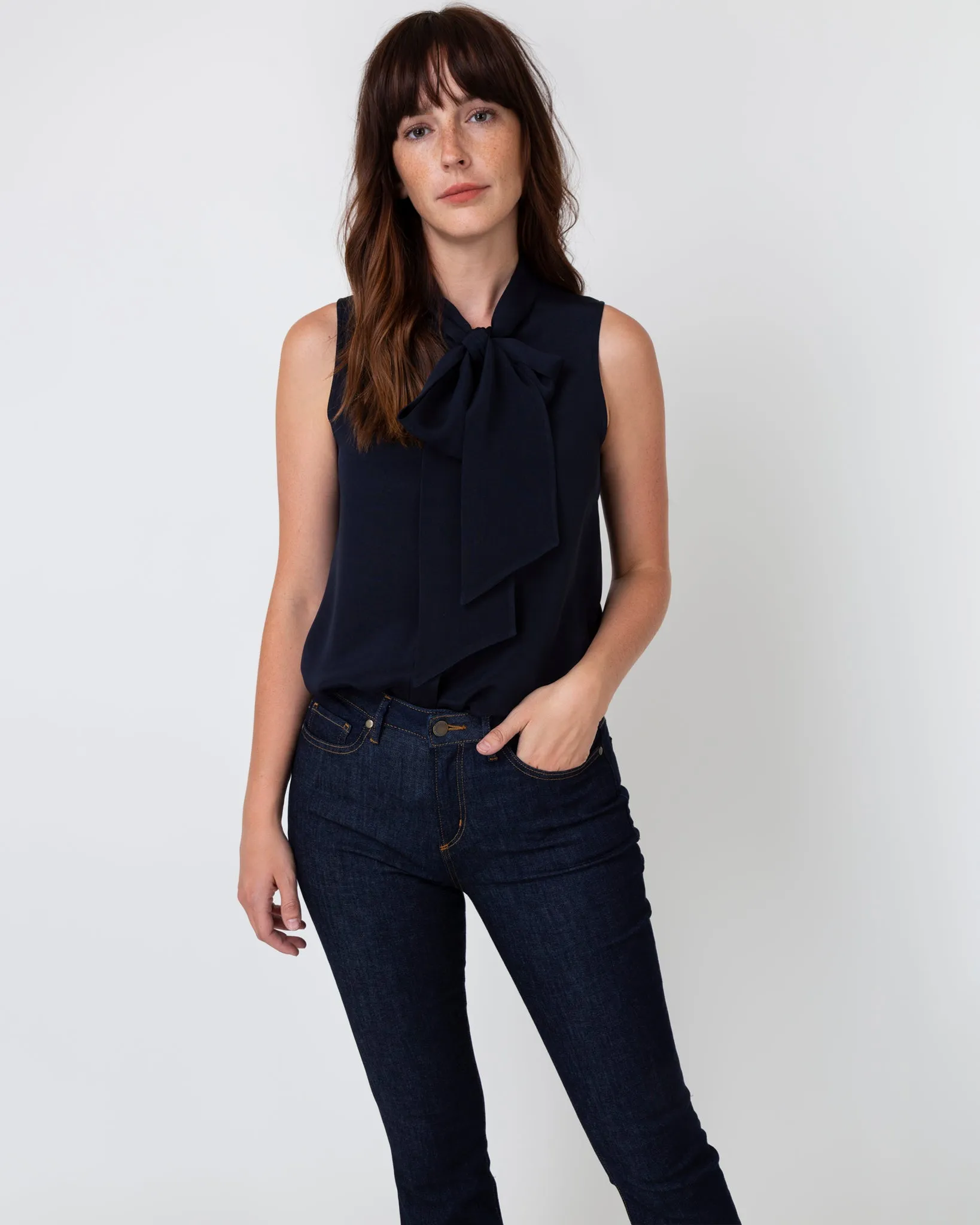 Sleeveless Tie-Neck Blouse in Navy Silk Crepe de Chine sold by Mashburn