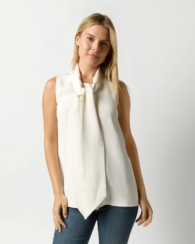 Sleeveless Tie-Neck Blouse in Ivory Silk Crepe de Chine sold by Mashburn