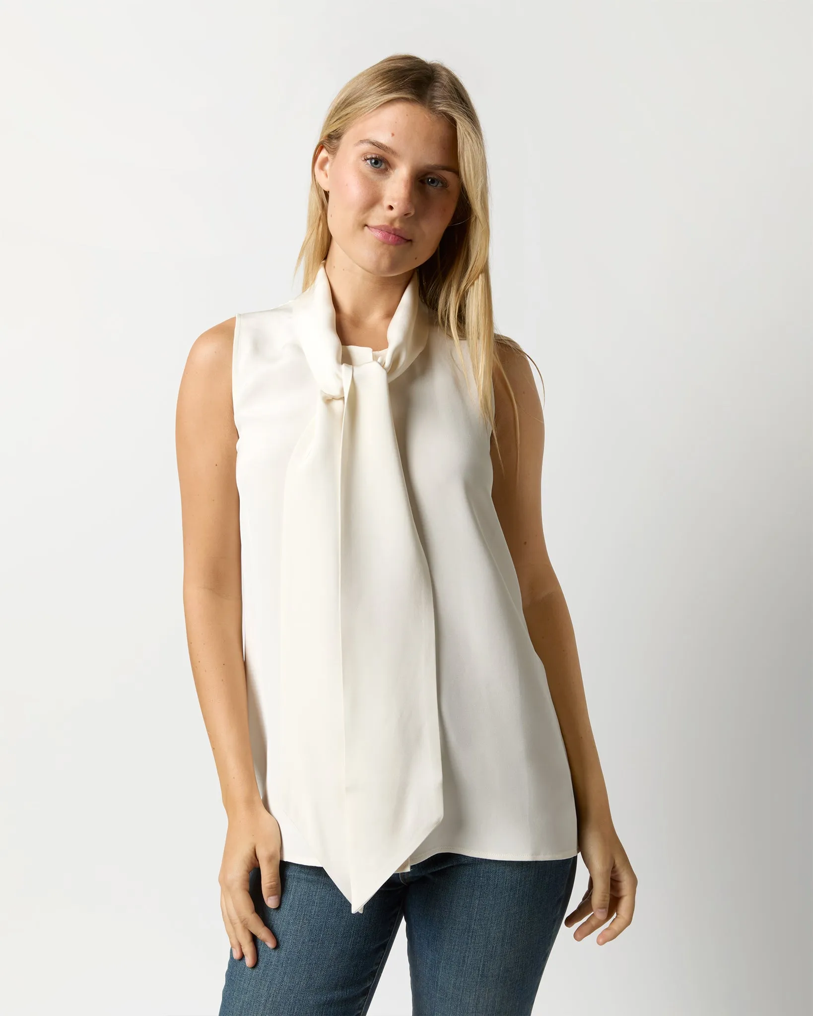 Sleeveless Tie-Neck Blouse in Ivory Silk Crepe de Chine sold by Mashburn