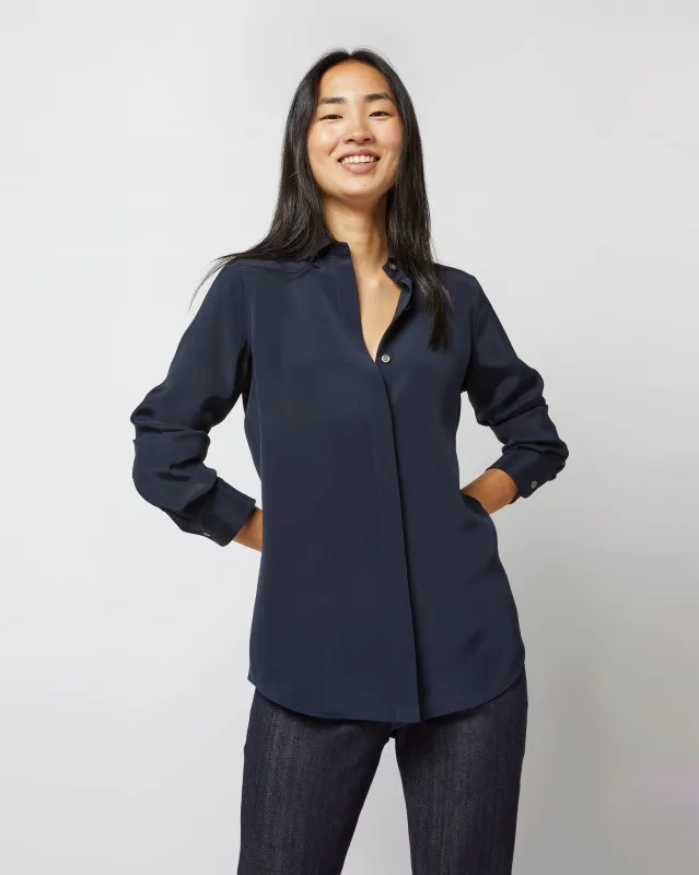 Classic Blouse in Navy Silk Crepe de Chine sold by Mashburn