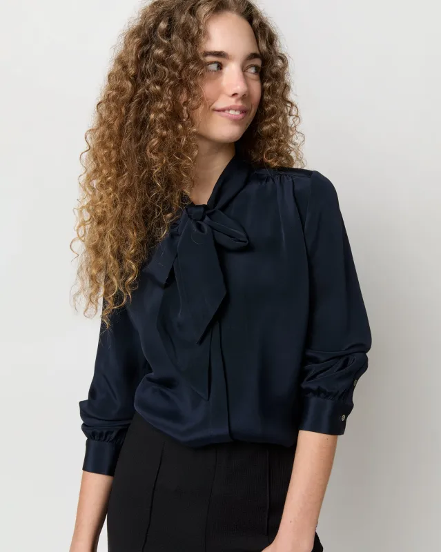 Tie-Neck Blouse in Navy Silk Crepe de Chine sold by Mashburn