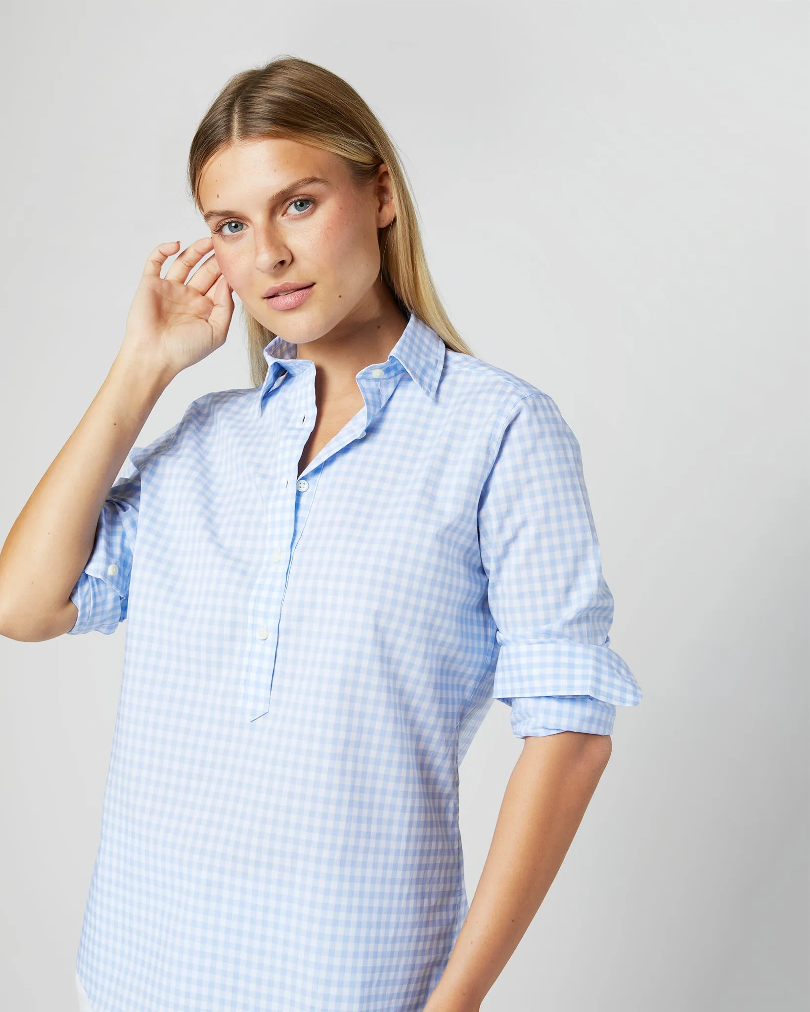 Tomboy Popover Shirt in Sky Blue Gingham Poplin sold by Mashburn product image thumbnail 2