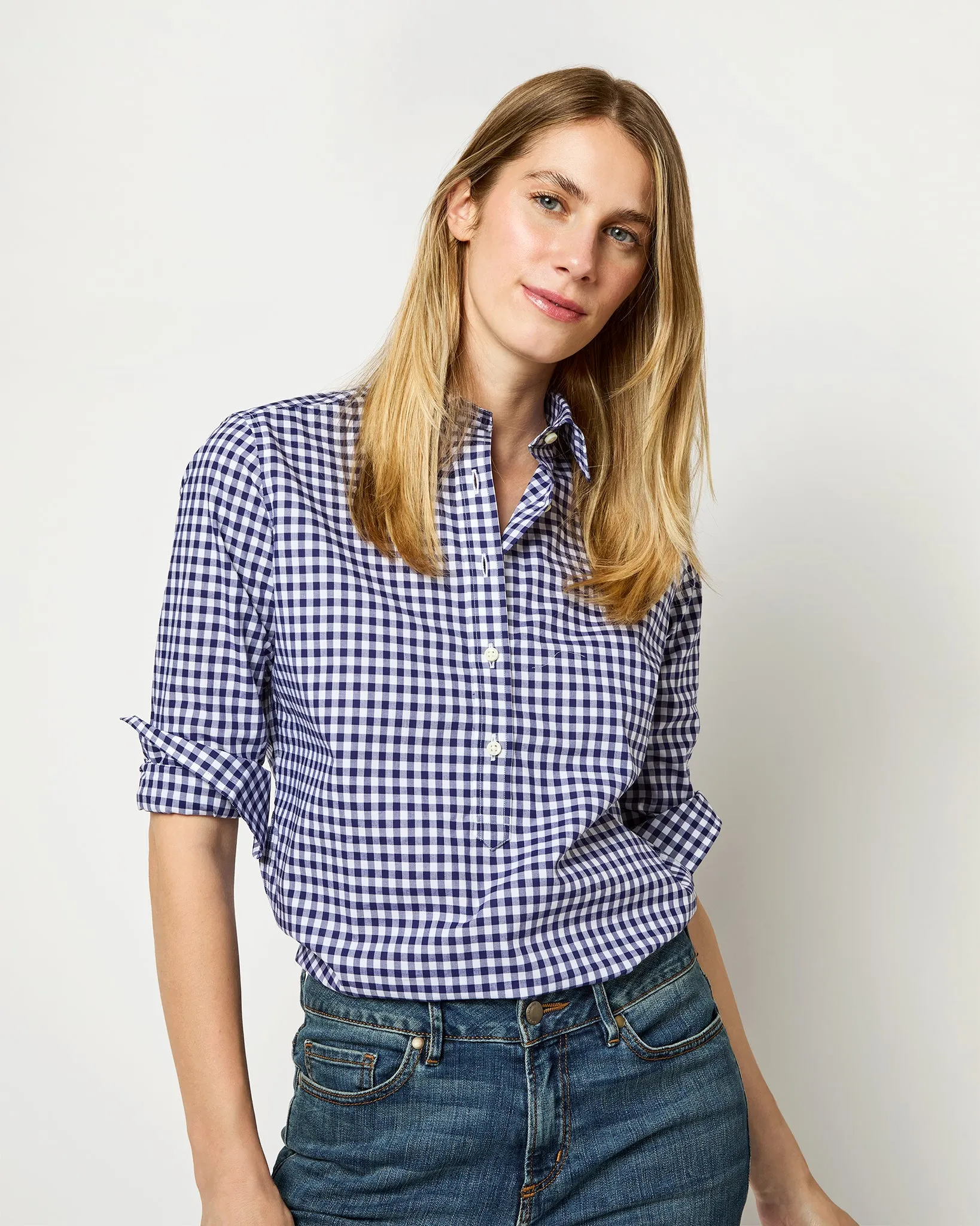 Tomboy Popover Shirt in Navy Gingham Poplin sold by Mashburn