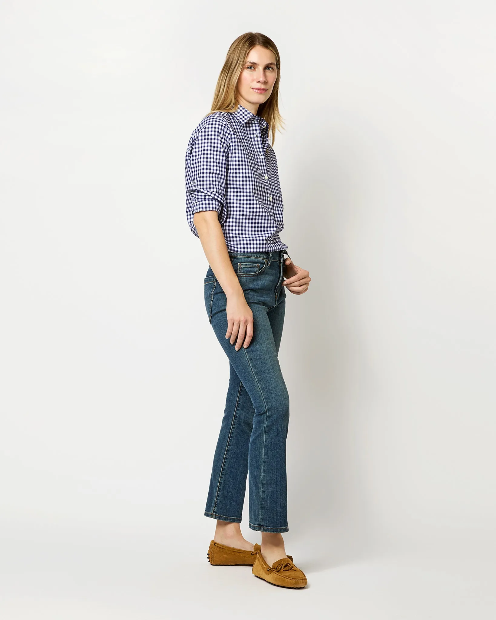 Tomboy Popover Shirt in Navy Gingham Poplin sold by Mashburn product image thumbnail 5