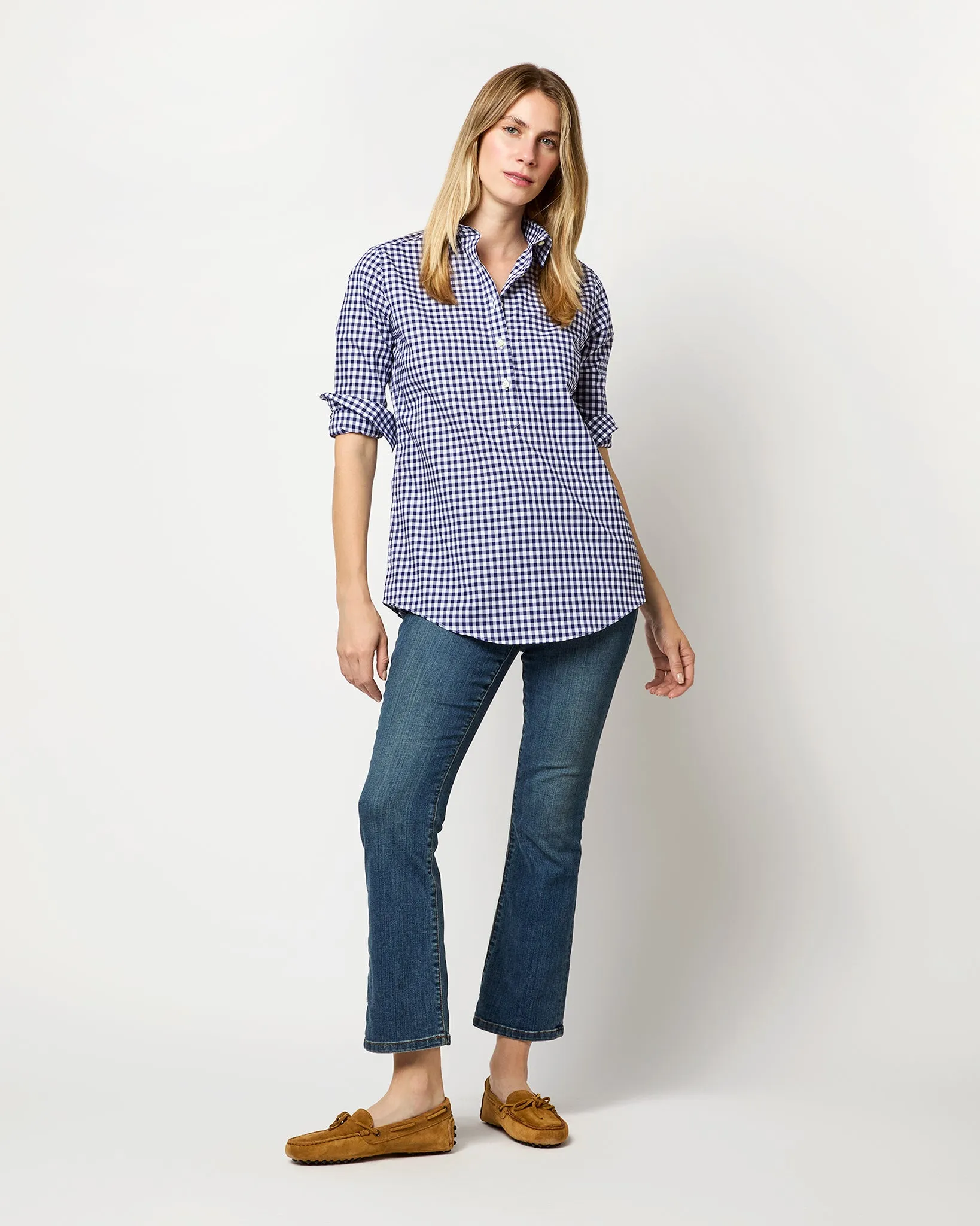 Tomboy Popover Shirt in Navy Gingham Poplin sold by Mashburn product image thumbnail 3