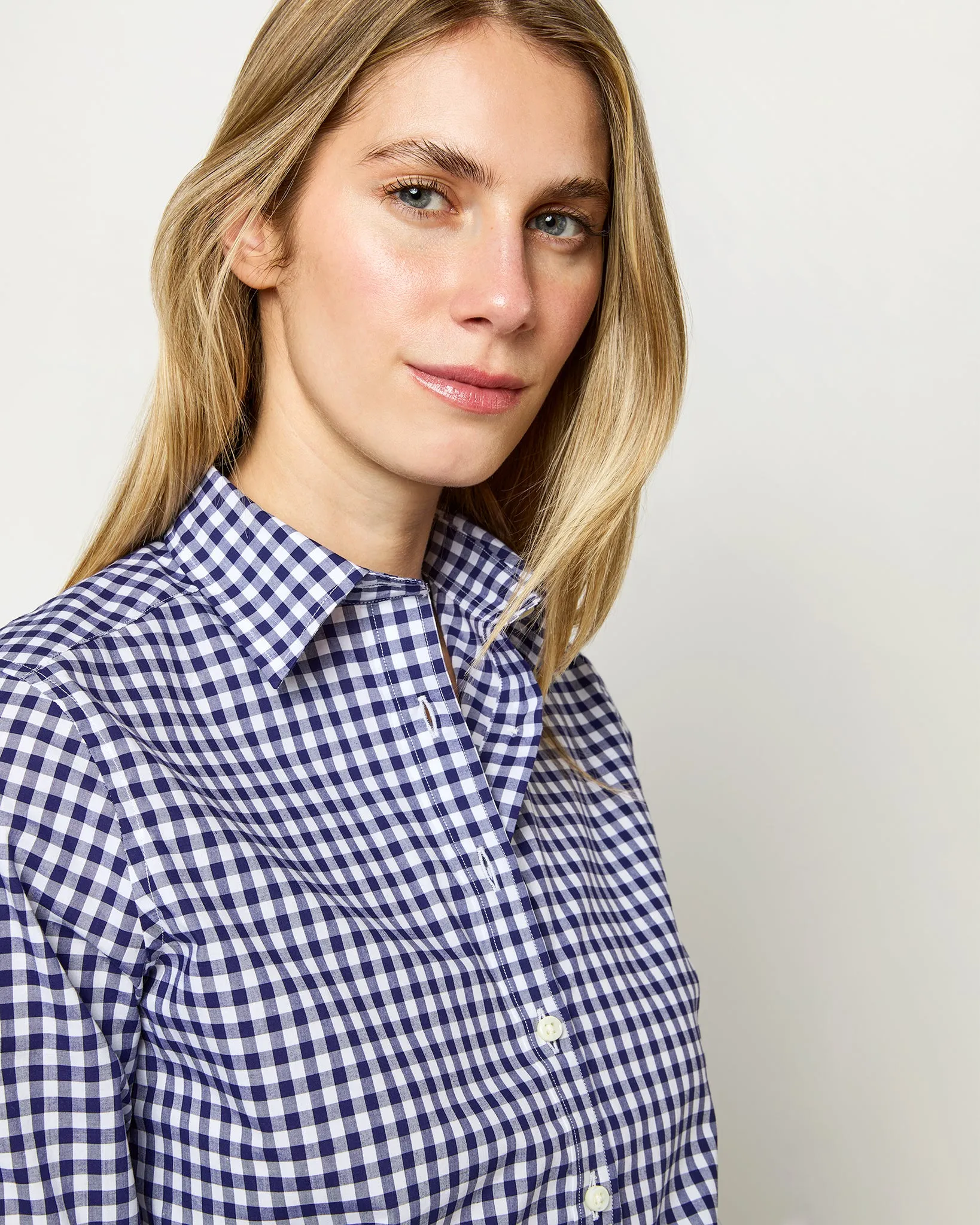 Tomboy Popover Shirt in Navy Gingham Poplin sold by Mashburn product image thumbnail 2