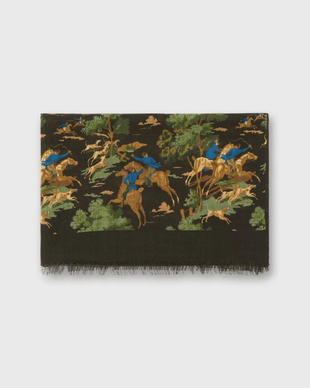 Wool Print Scarf in Chocolate Foxhunt Scene sold by Mashburn