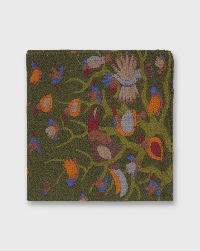Wool/Silk Pocket Square in Green/Yellow/Blue Birds sold by Mashburn