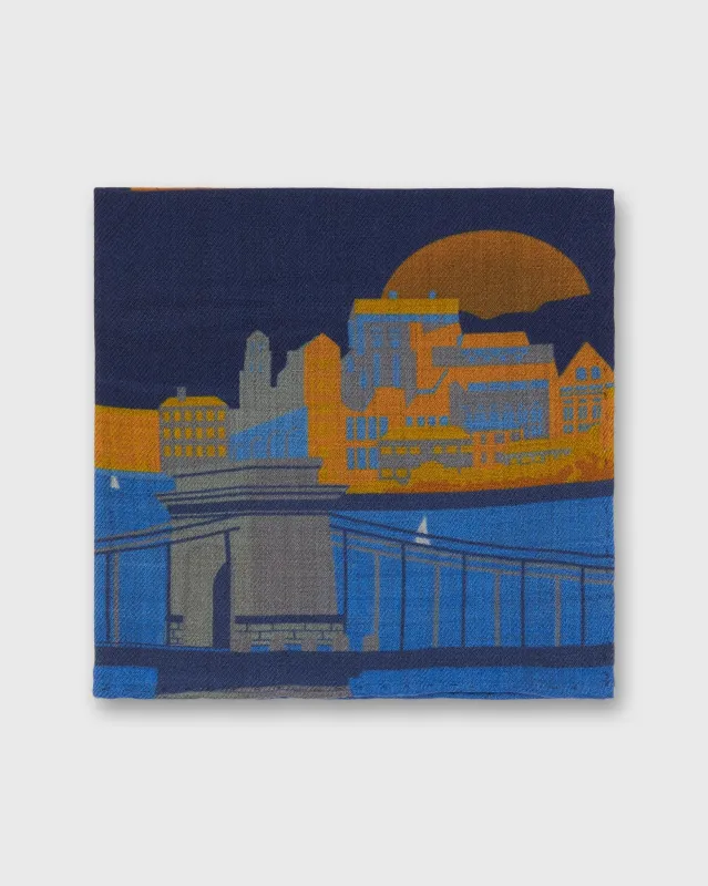 Wool/Silk Pocket Square in Navy/Orange Hot Air Balloon sold by Mashburn