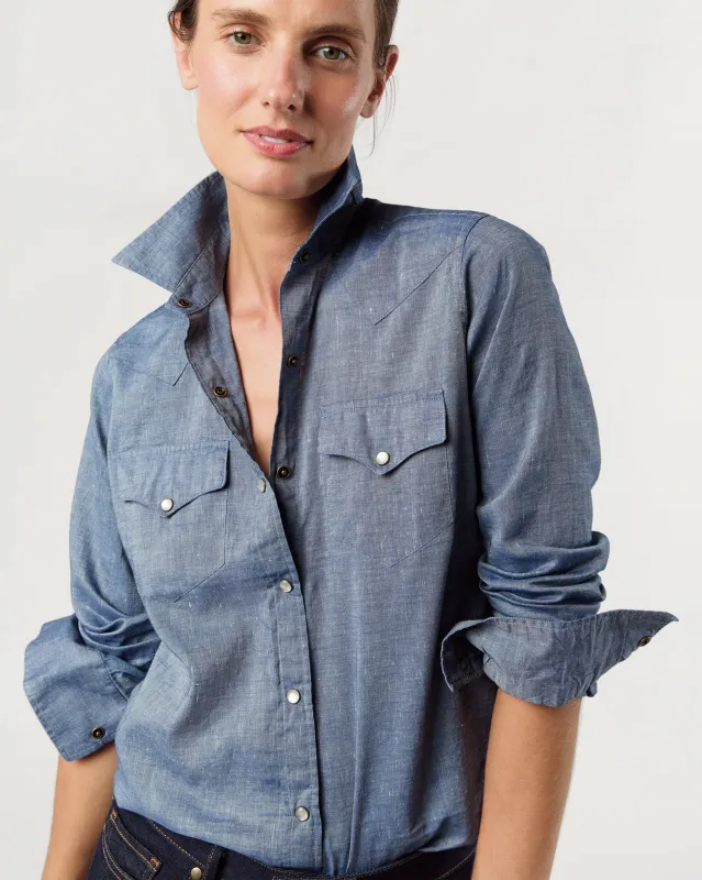 Western Shirt in Indigo Cotolino Chambray sold by Mashburn