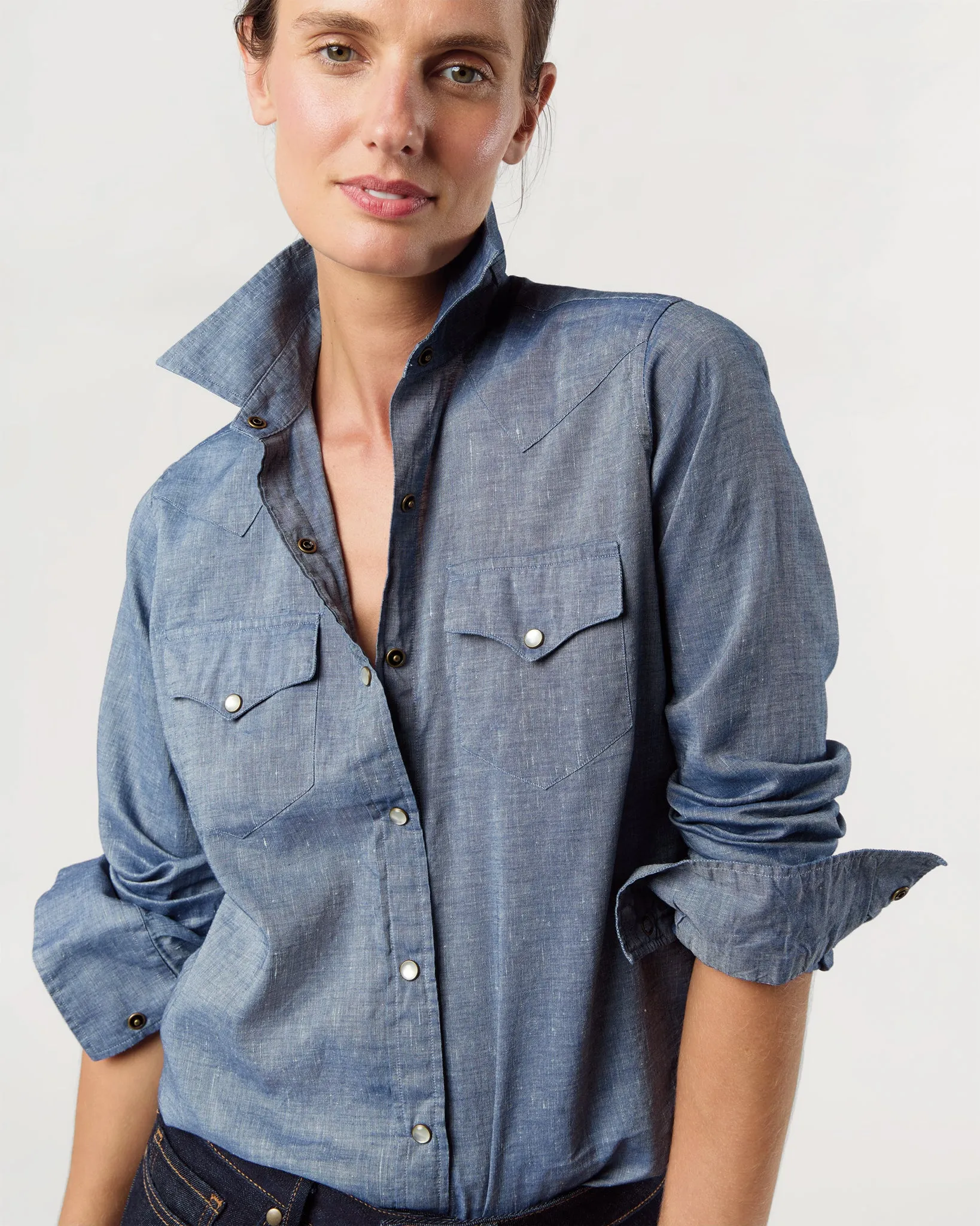 Western Shirt in Indigo Cotolino Chambray sold by Mashburn