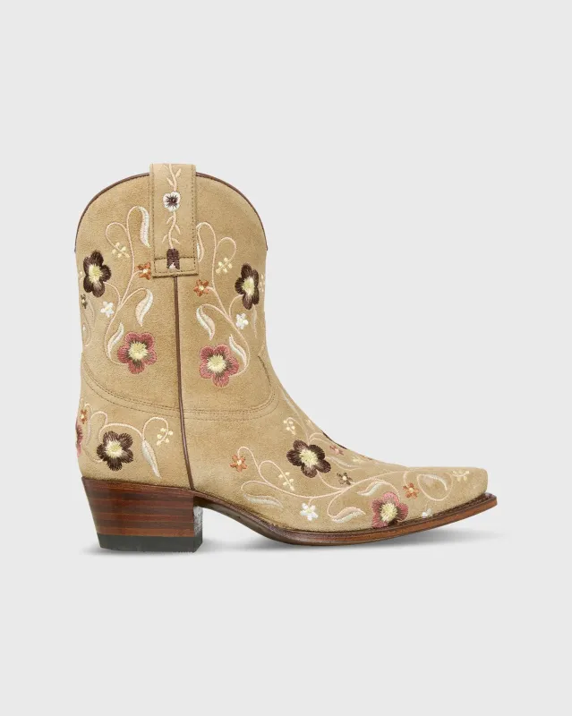 Marie Embroidered Cowboy Boot in Camel Suede sold by Mashburn
