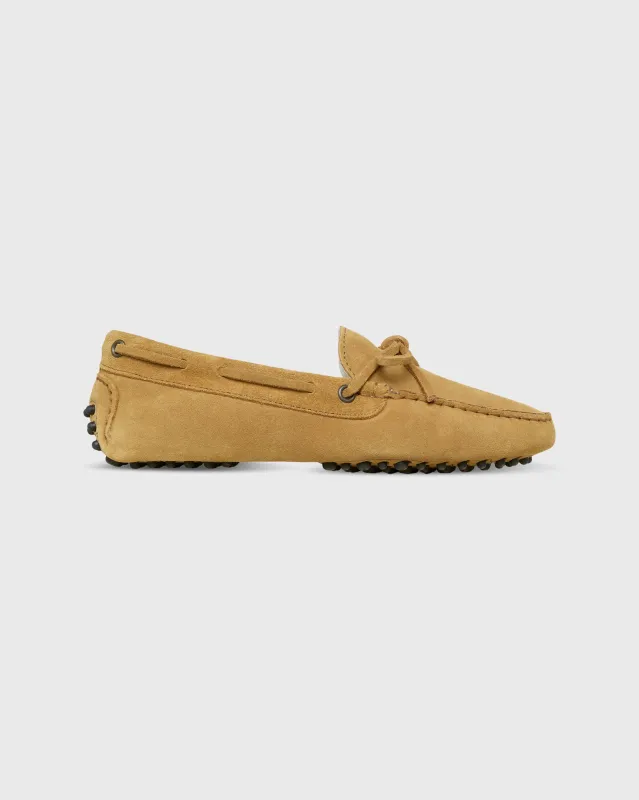 Shearling Driving Moccasin in Camel Suede sold by Mashburn