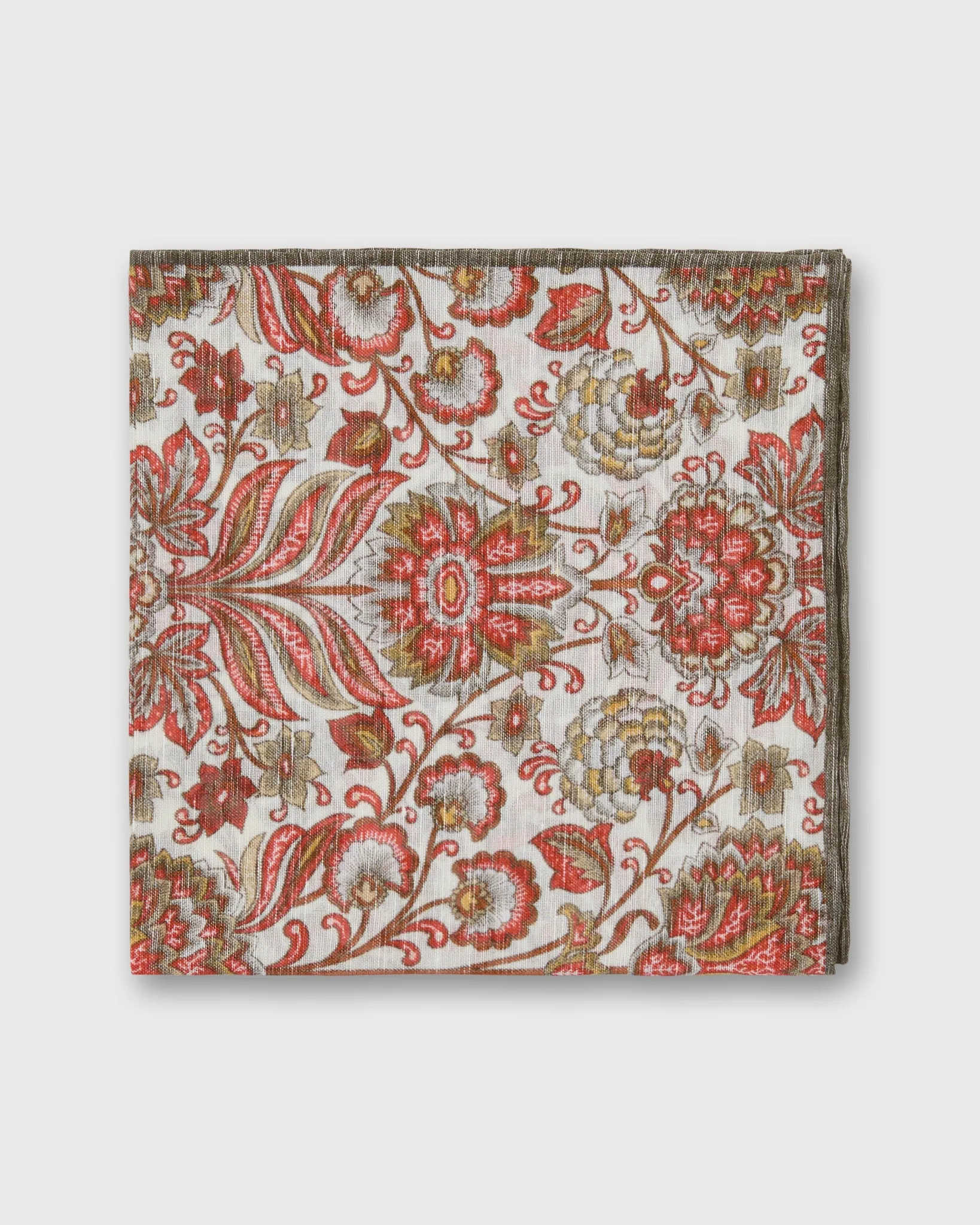 Linen/Cotton Print Pocket Square in Red/Bone Paisley Scene sold by Mashburn