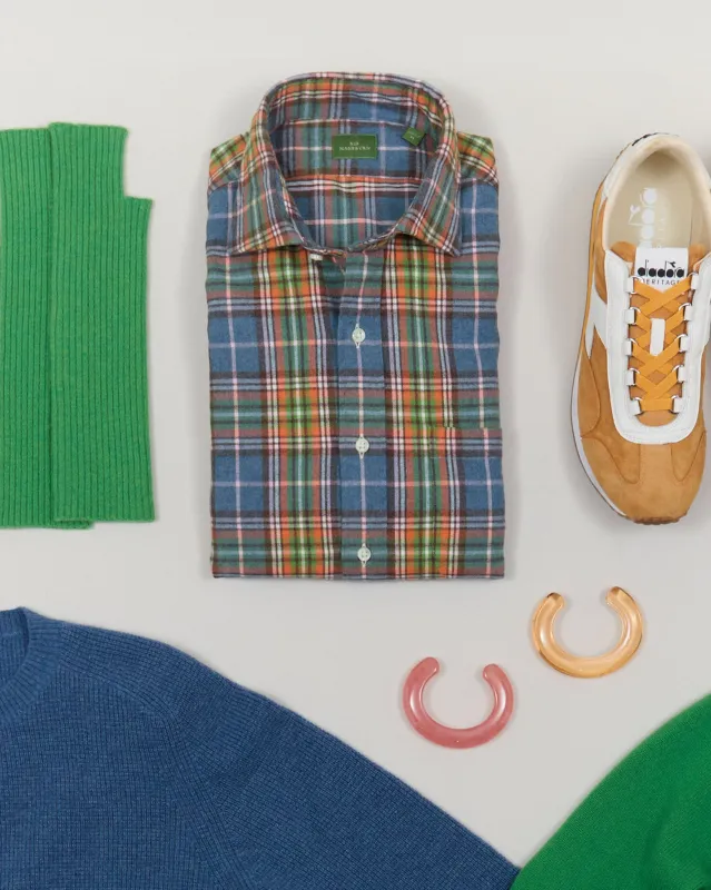 Spread Collar Sport Shirt in Glacier/Orange/Green Plaid Flannel sold by Mashburn