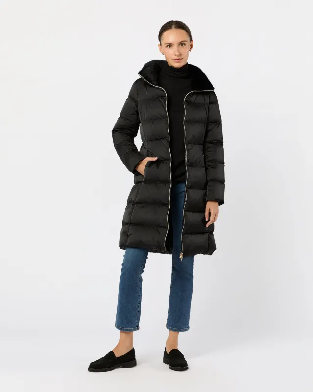 Satin Fit & Flare Coat with Faux Fur Trim in Black sold by Mashburn