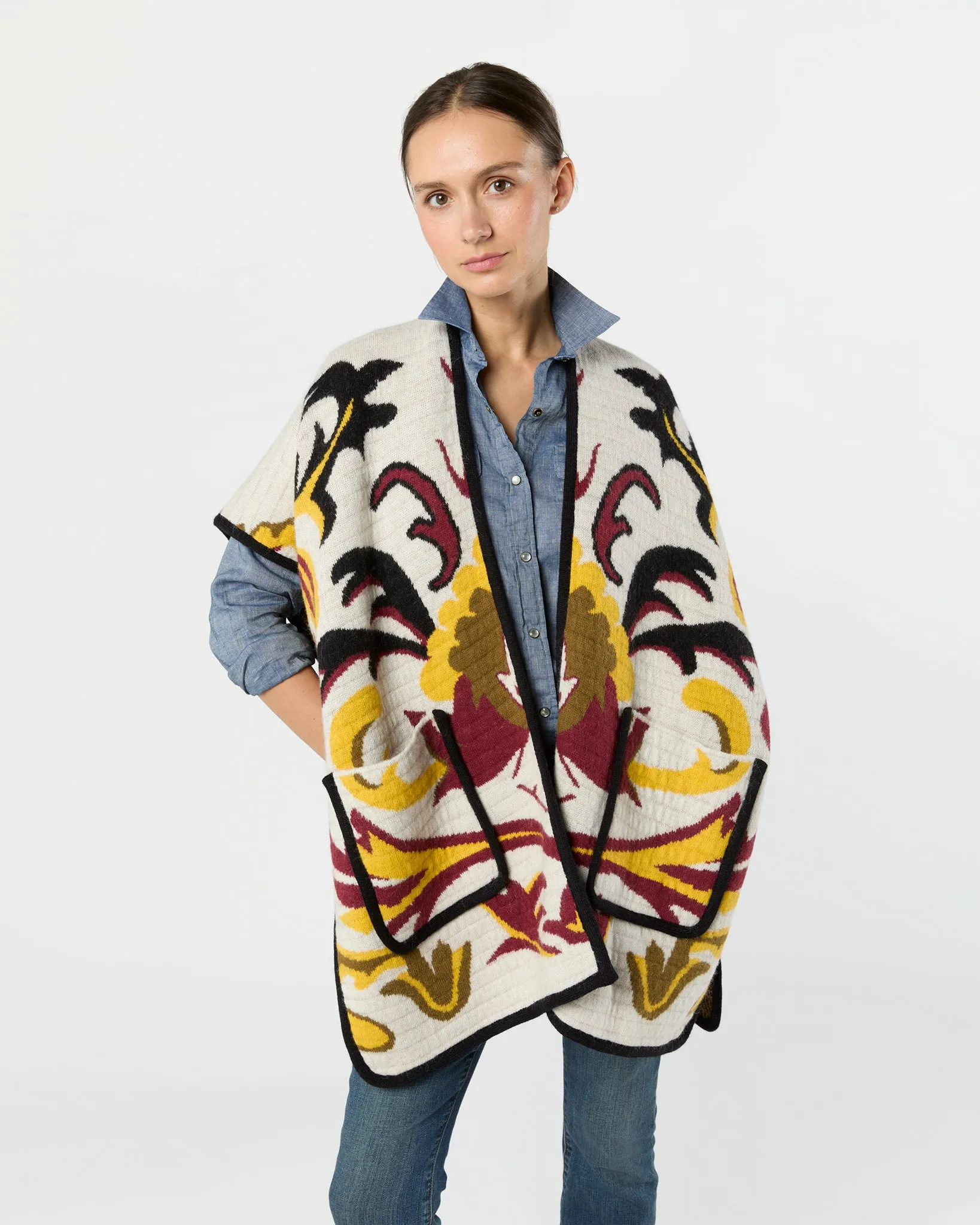 In My Power Knit Scarf Cape in Ecru/Green/Black Wool Blend sold by Mashburn product image thumbnail 2