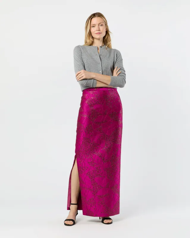 Long Pencil Skirt in Magenta/Bronze Floral Matelassé sold by Mashburn