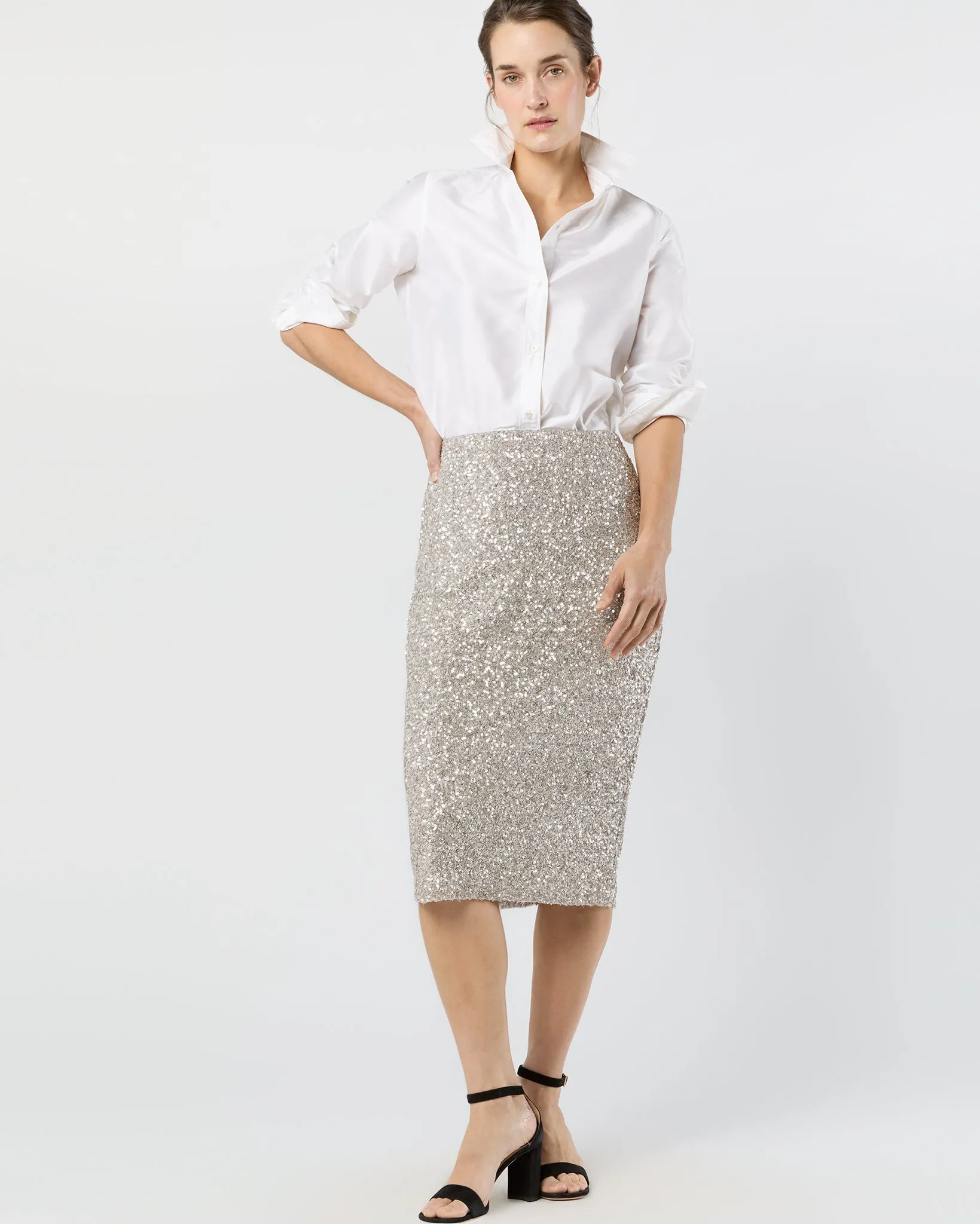 Pull-On Skirt in Silver Sequin sold by Mashburn