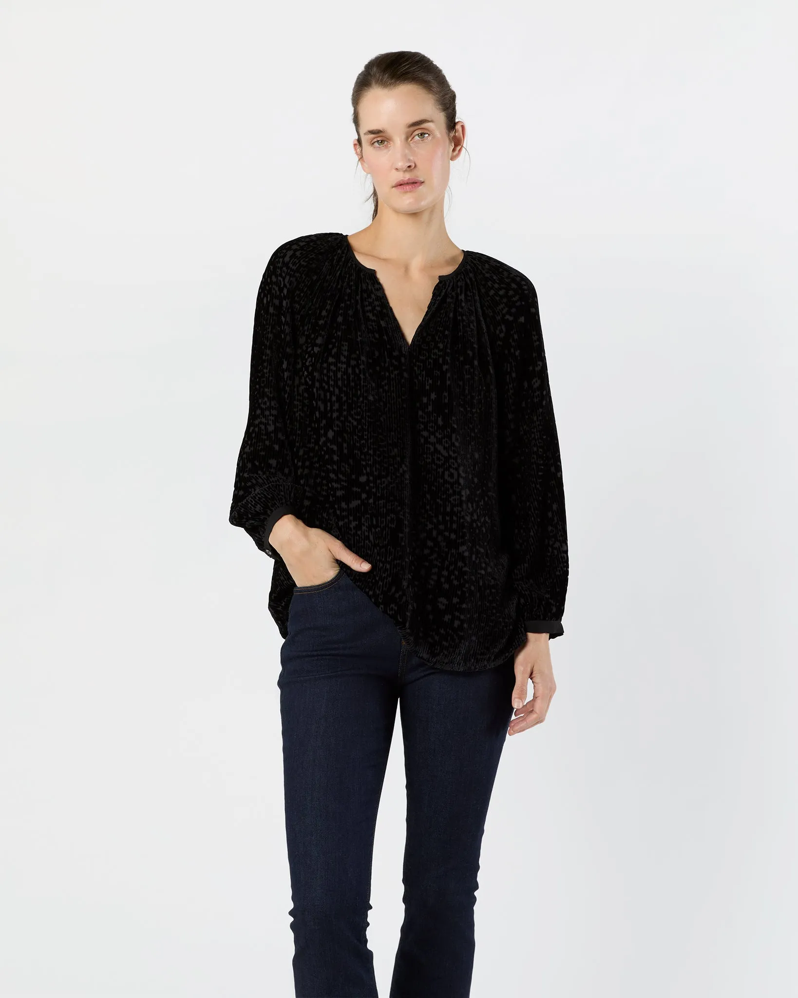 Ariana Blouse in Black Burnout Velvet sold by Mashburn