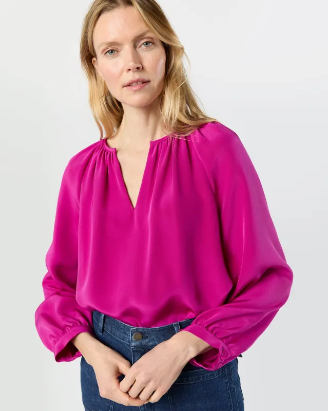 Ariana Blouse in Magenta Silk Crepe de Chine sold by Mashburn