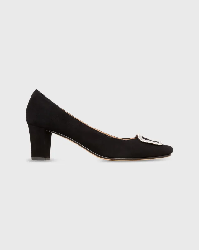 Embellished Buckle Heel in Black Suede sold by Mashburn