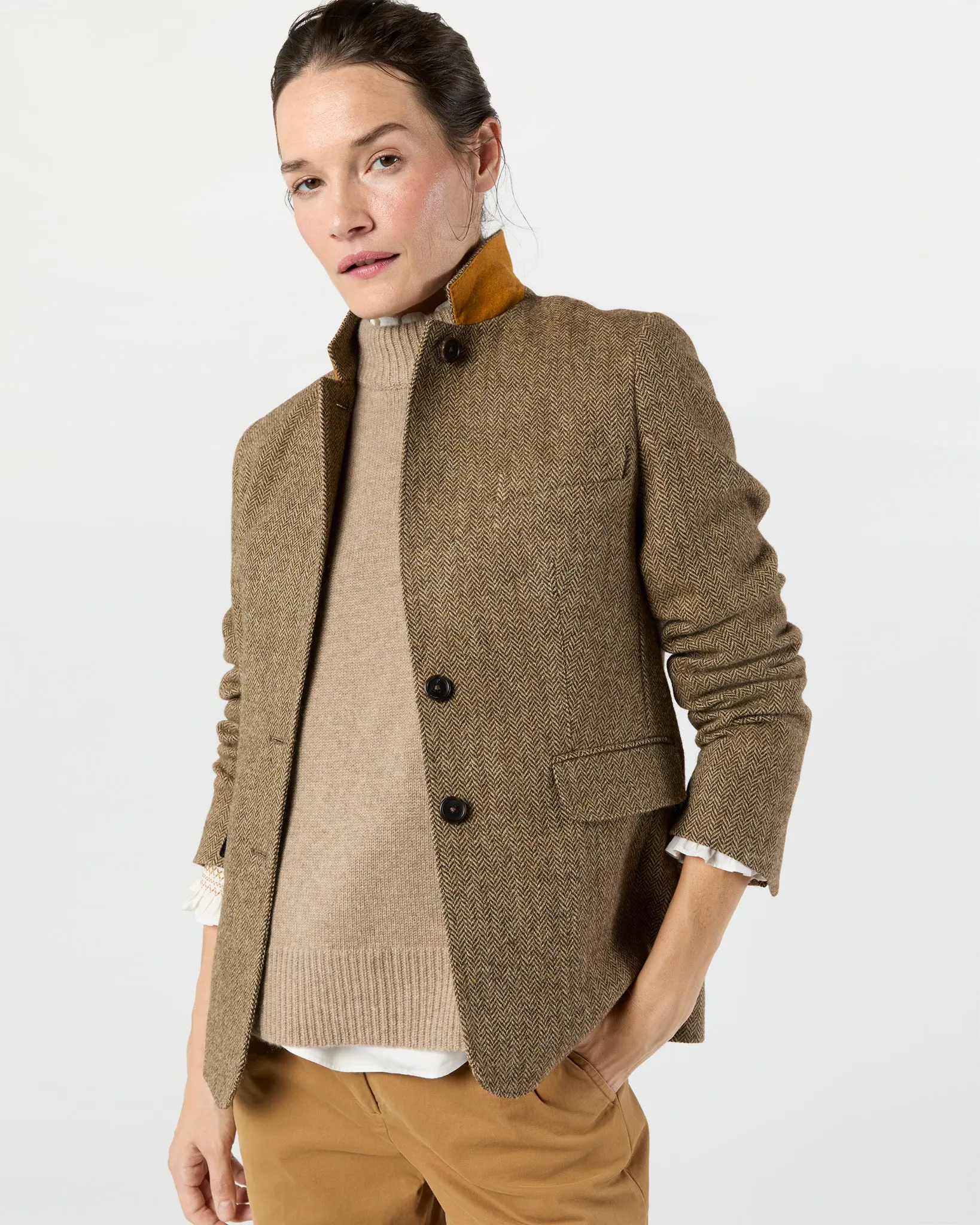 Moira Blazer in Tobacco/Coffee Small Herringbone Tweed sold by Mashburn