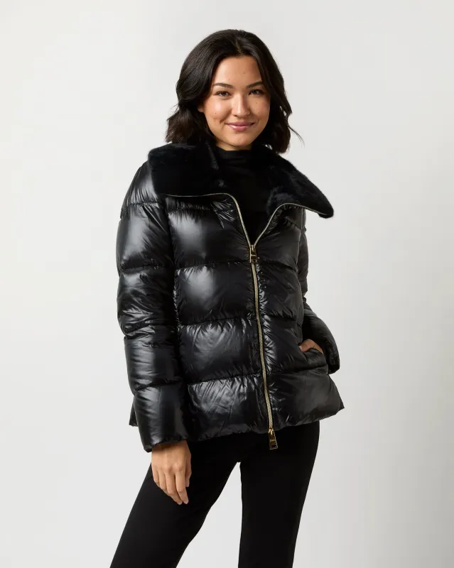 Shiny Nylon Short Jacket With Faux Fur in Black sold by Mashburn