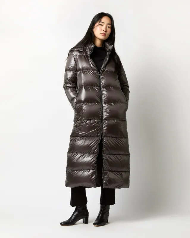 Shiny Nylon Long Coat in Charcoal sold by Mashburn
