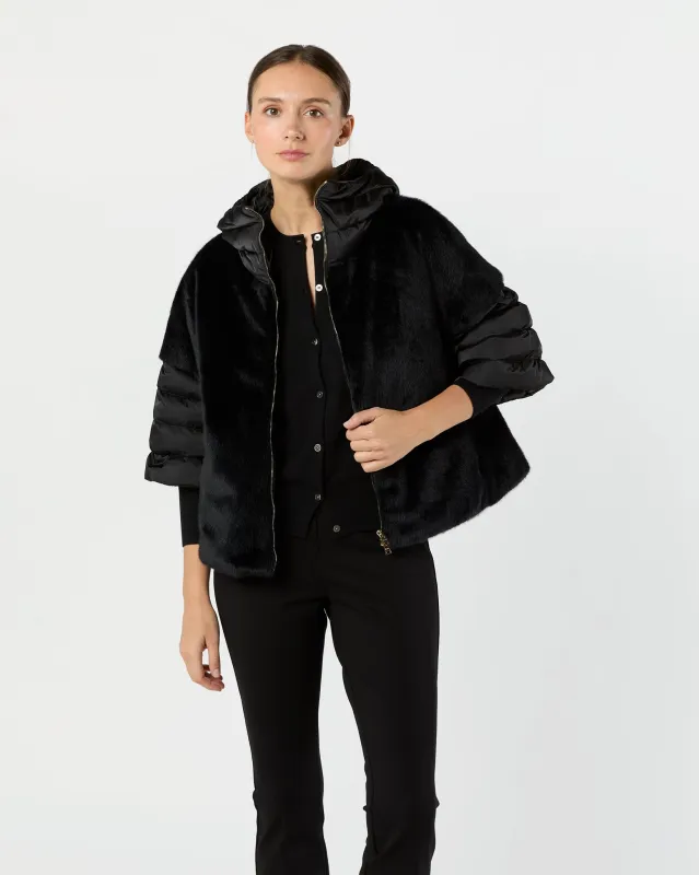 Satin Jacket with Faux Fur Front in Black sold by Mashburn