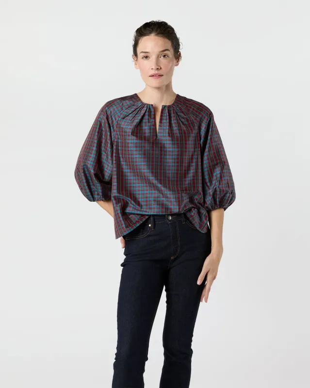 Savannah Top in Mini MacBeth Tartan Iridescent Silk Shantung sold by Mashburn