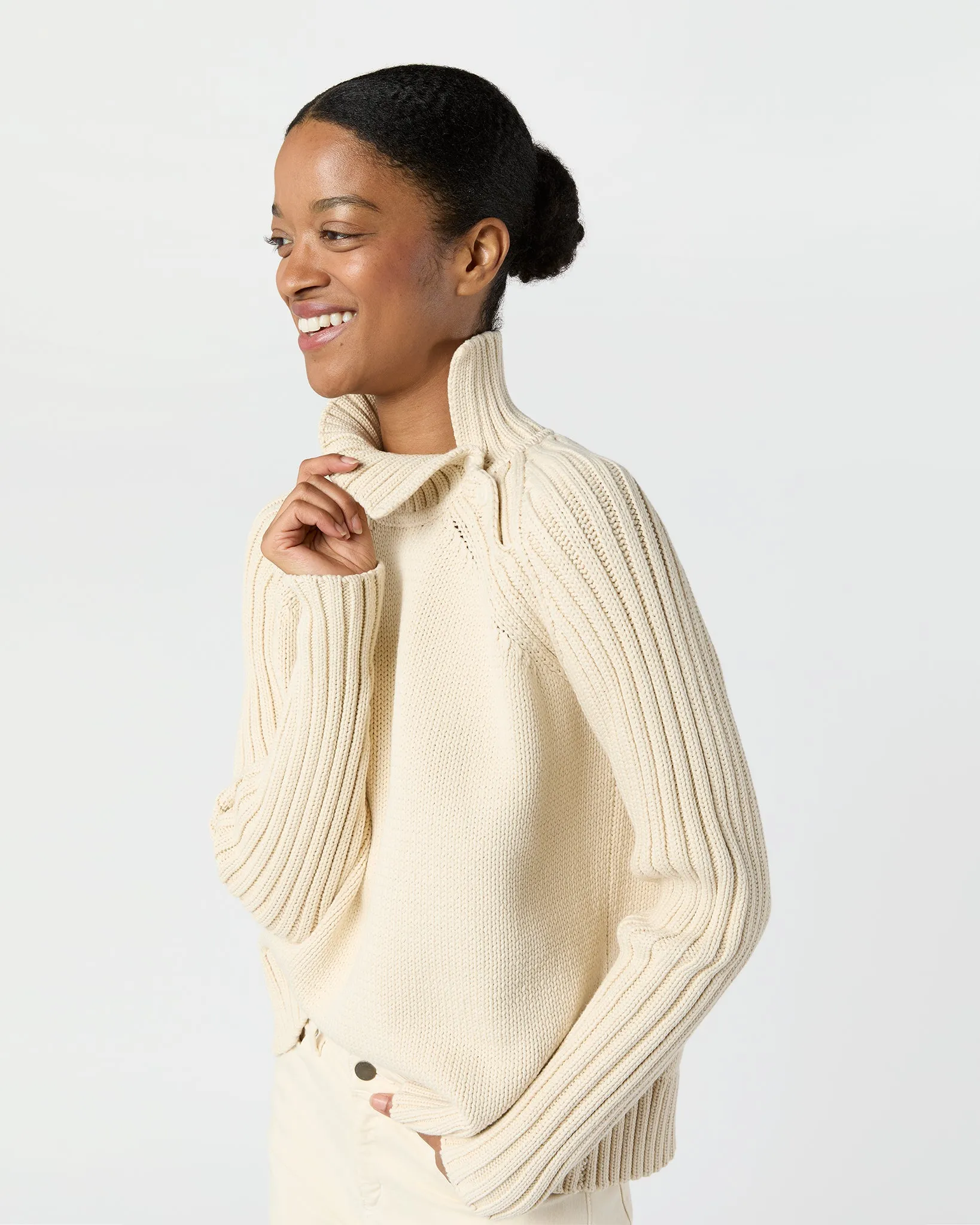 Ines Side Funnel-Neck Sweater in Cream Cotton Tape Yarn sold by Mashburn product image thumbnail 4
