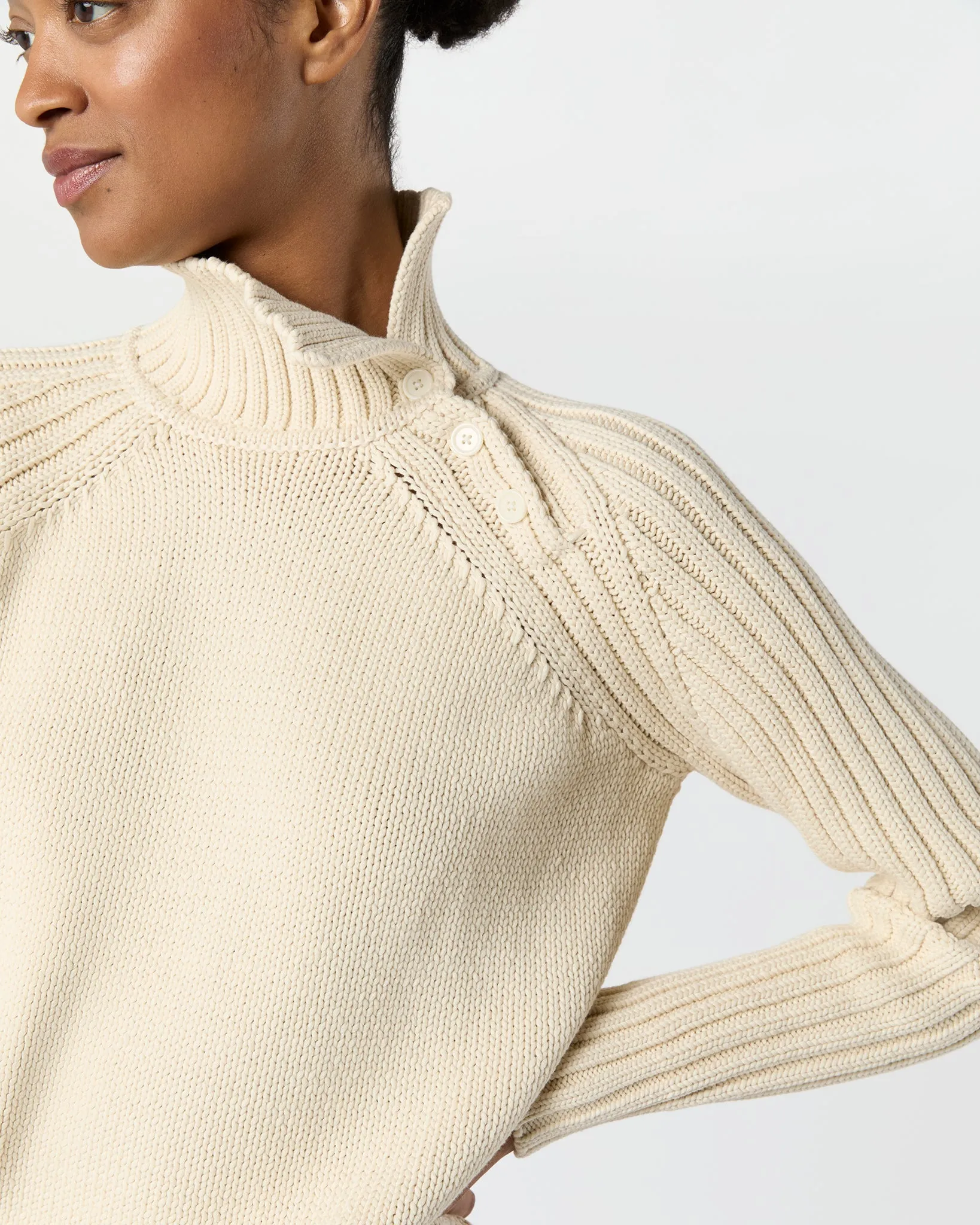 Ines Side Funnel-Neck Sweater in Cream Cotton Tape Yarn sold by Mashburn