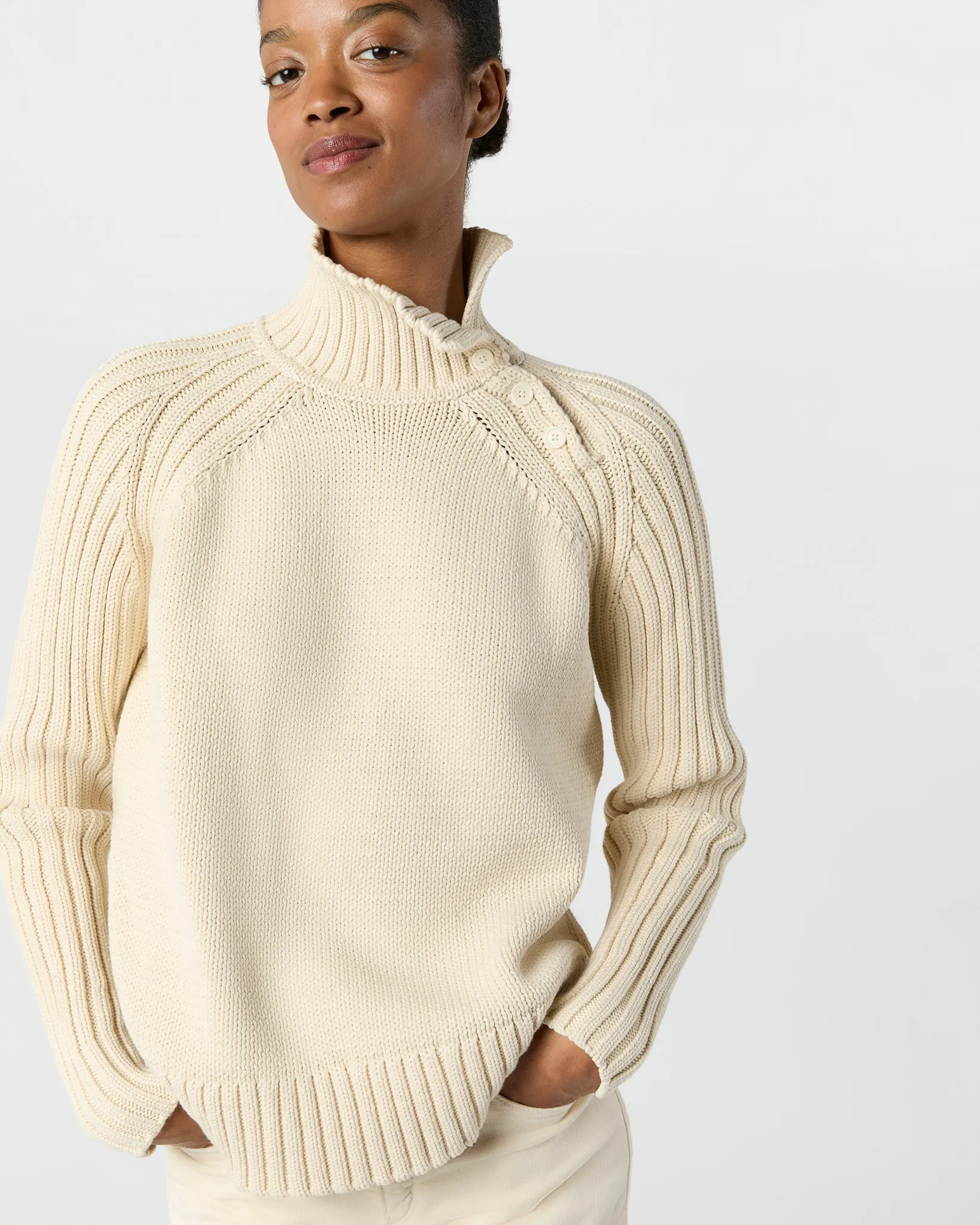 Ines Side Funnel-Neck Sweater in Cream Cotton Tape Yarn sold by Mashburn product image thumbnail 2