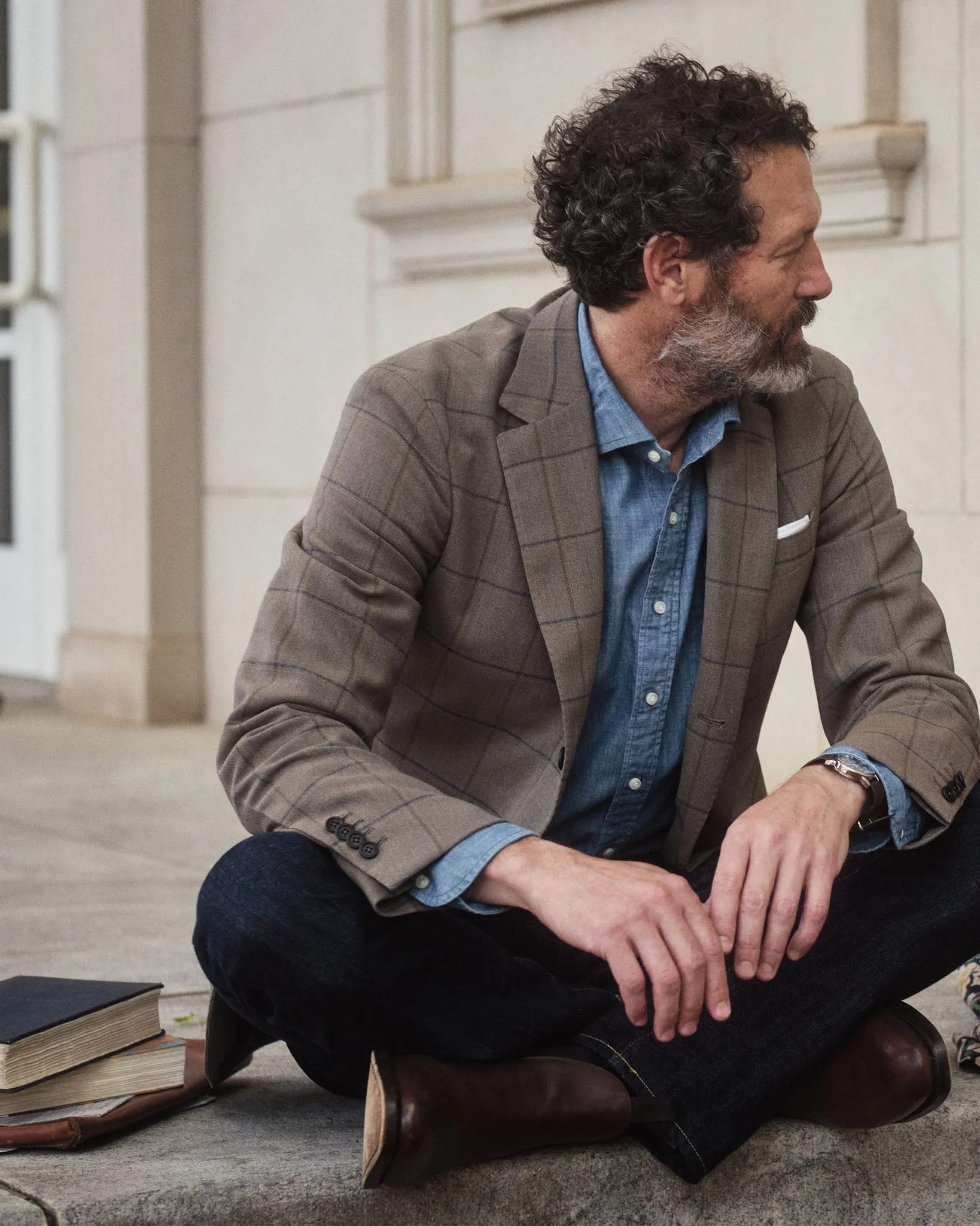 Virgil No. 2 Jacket in Flax/Blue/Gold Windowpane Quattro Hopsack sold by Mashburn product image thumbnail 4