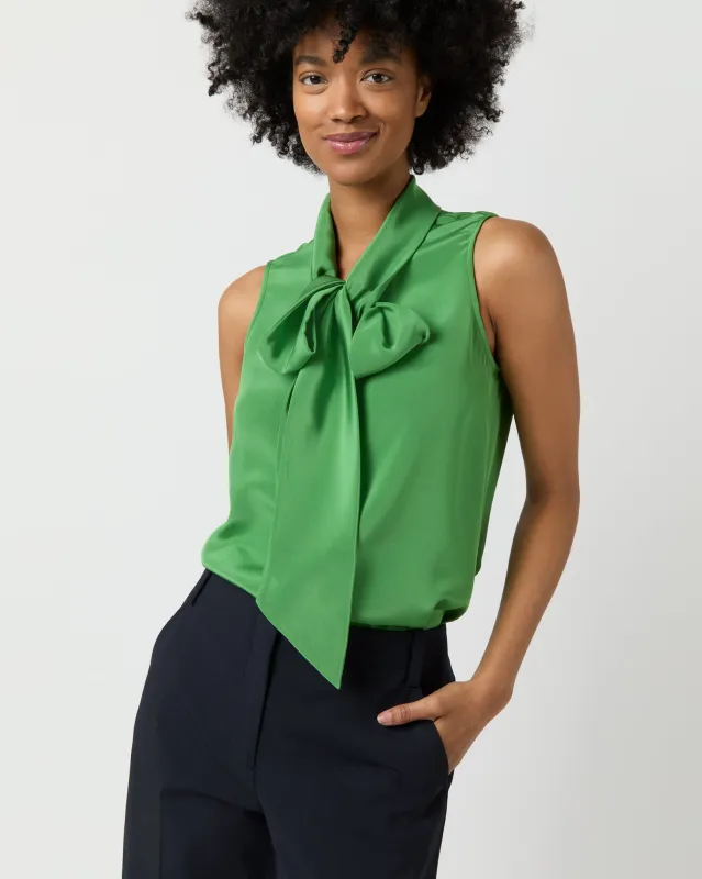 Sleeveless Tie-Neck Blouse in Avocado Silk Crepe de Chine sold by Mashburn