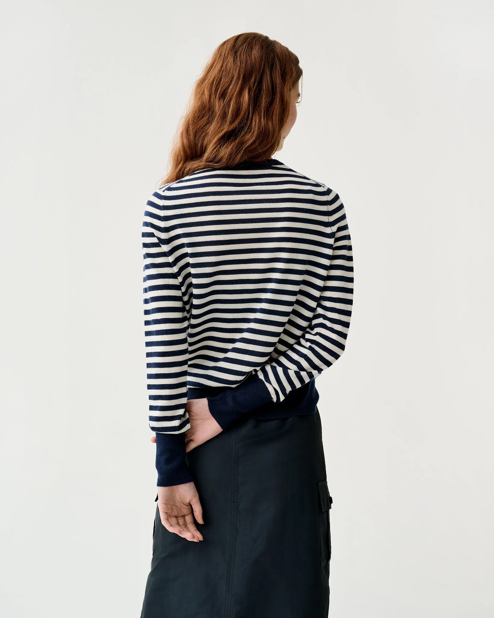 Kit Crewneck Sweater in Navy/Ivory Stripe Fine Gauge Cashmere sold by Mashburn product image thumbnail 5