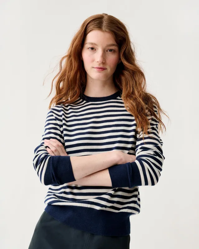 Kit Crewneck Sweater in Navy/Ivory Stripe Fine Gauge Cashmere made by Mashburn