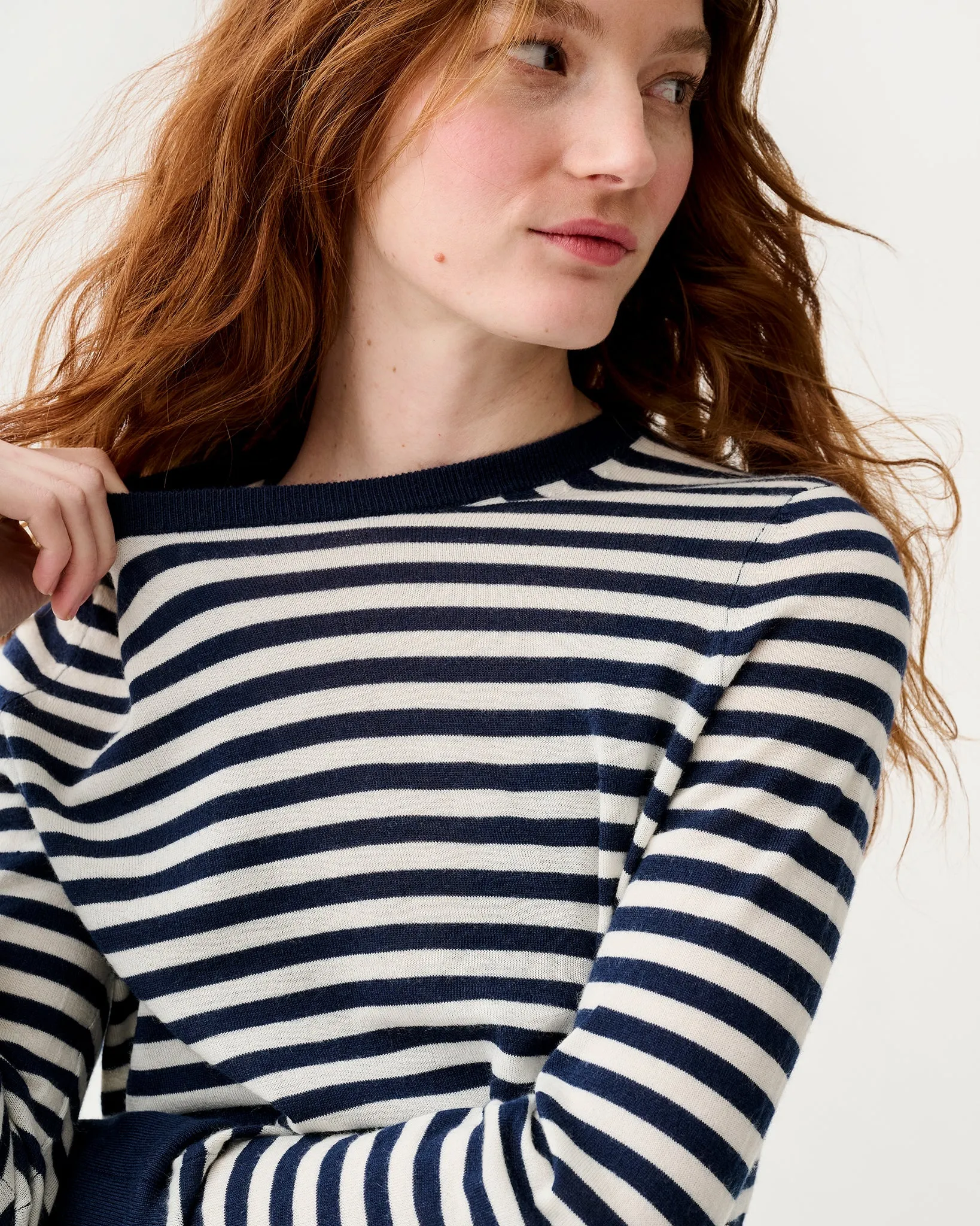 Kit Crewneck Sweater in Navy/Ivory Stripe Fine Gauge Cashmere sold by Mashburn product image thumbnail 3