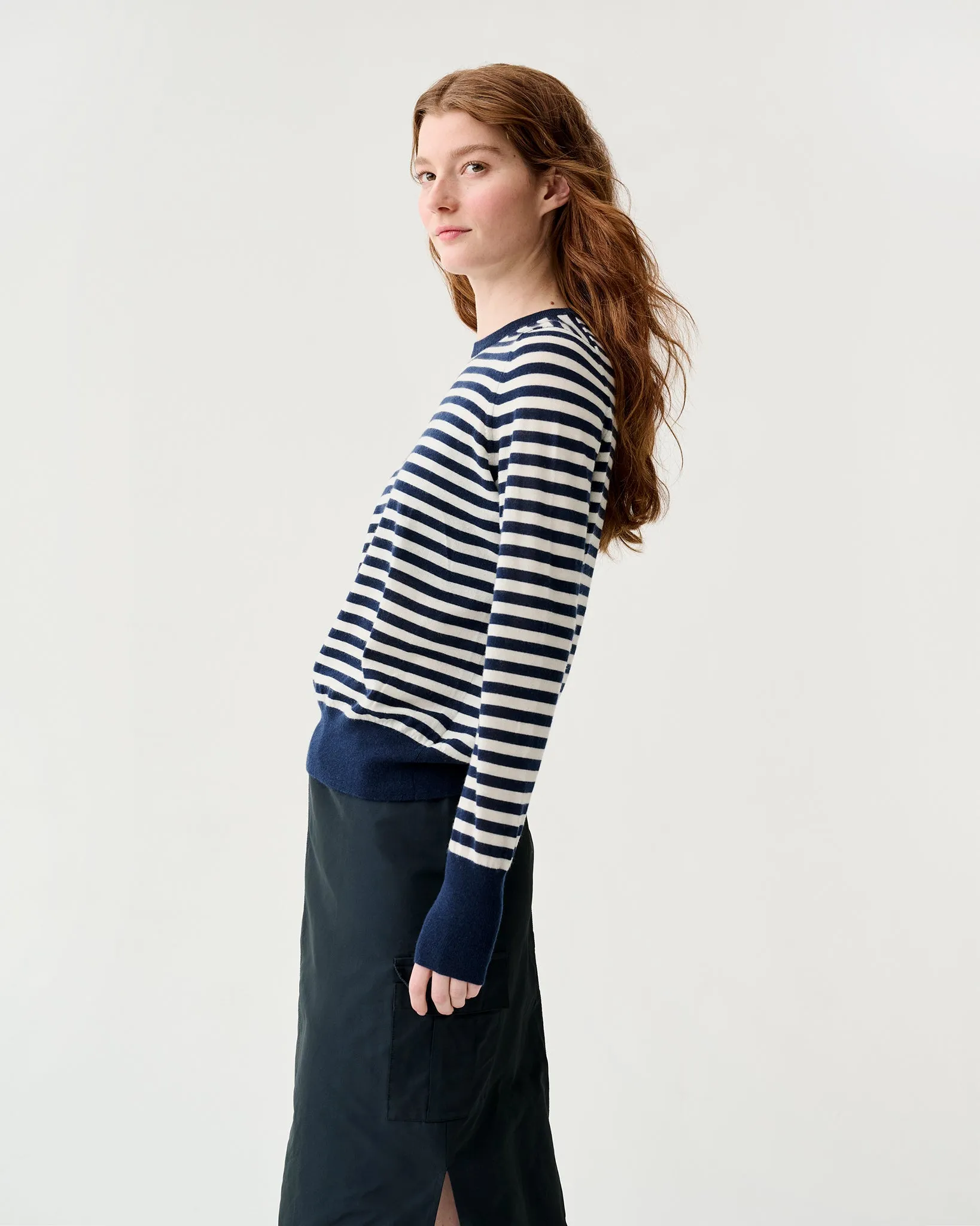 Kit Crewneck Sweater in Navy/Ivory Stripe Fine Gauge Cashmere sold by Mashburn product image thumbnail 4