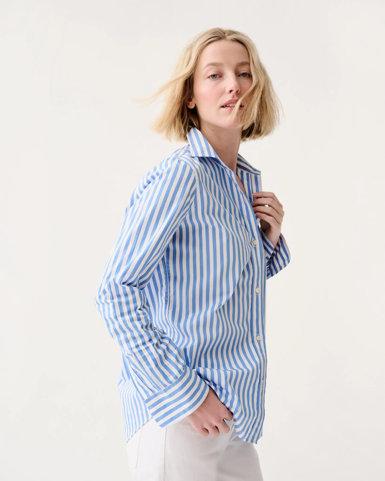 Sidney Shirt in Blue/White Awning Stripe Poplin sold by Mashburn product image thumbnail 5