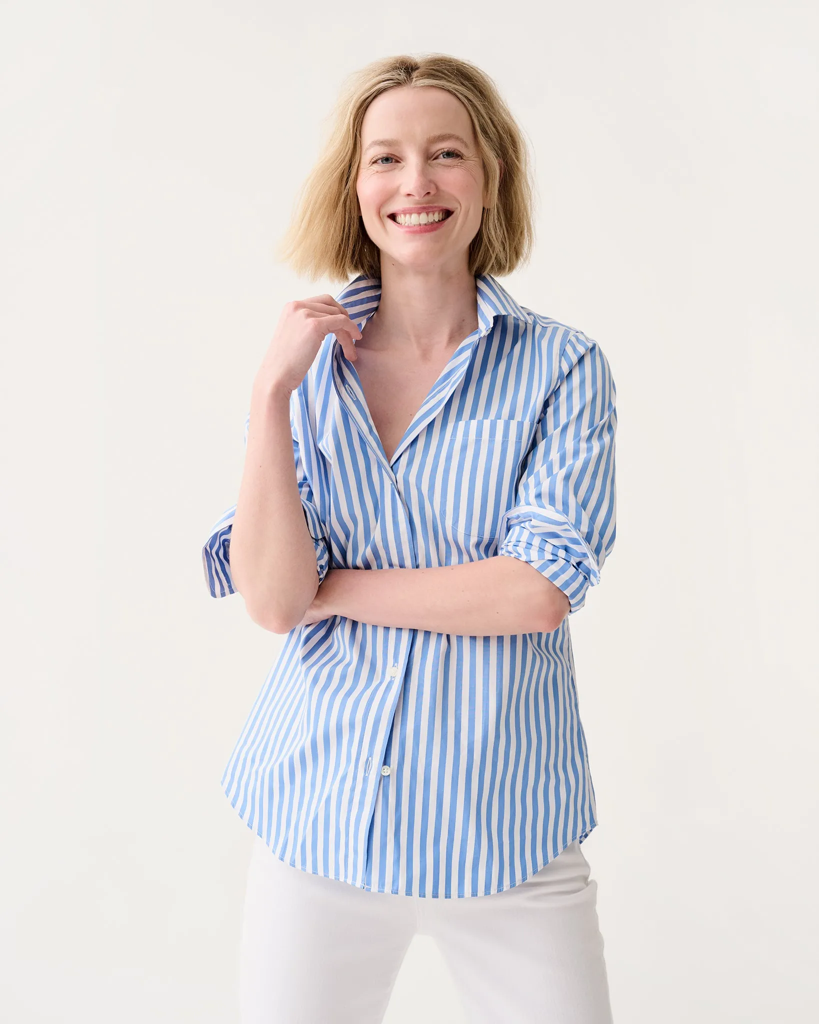 Sidney Shirt in Blue/White Awning Stripe Poplin sold by Mashburn
