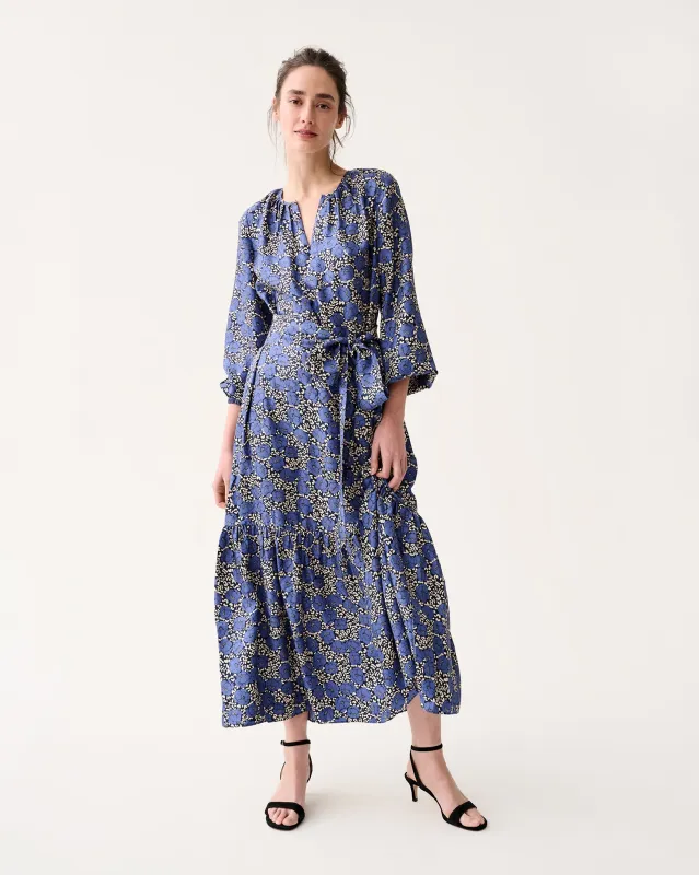 Aba Maxi Dress in Navy/Blue Peony Buds Printed Silk Twill sold by Mashburn