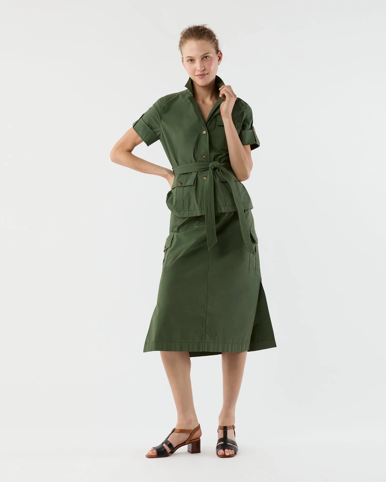 Short-Sleeved Tess Safari Shirt in Military Paperweight Stretch Poplin sold by Mashburn