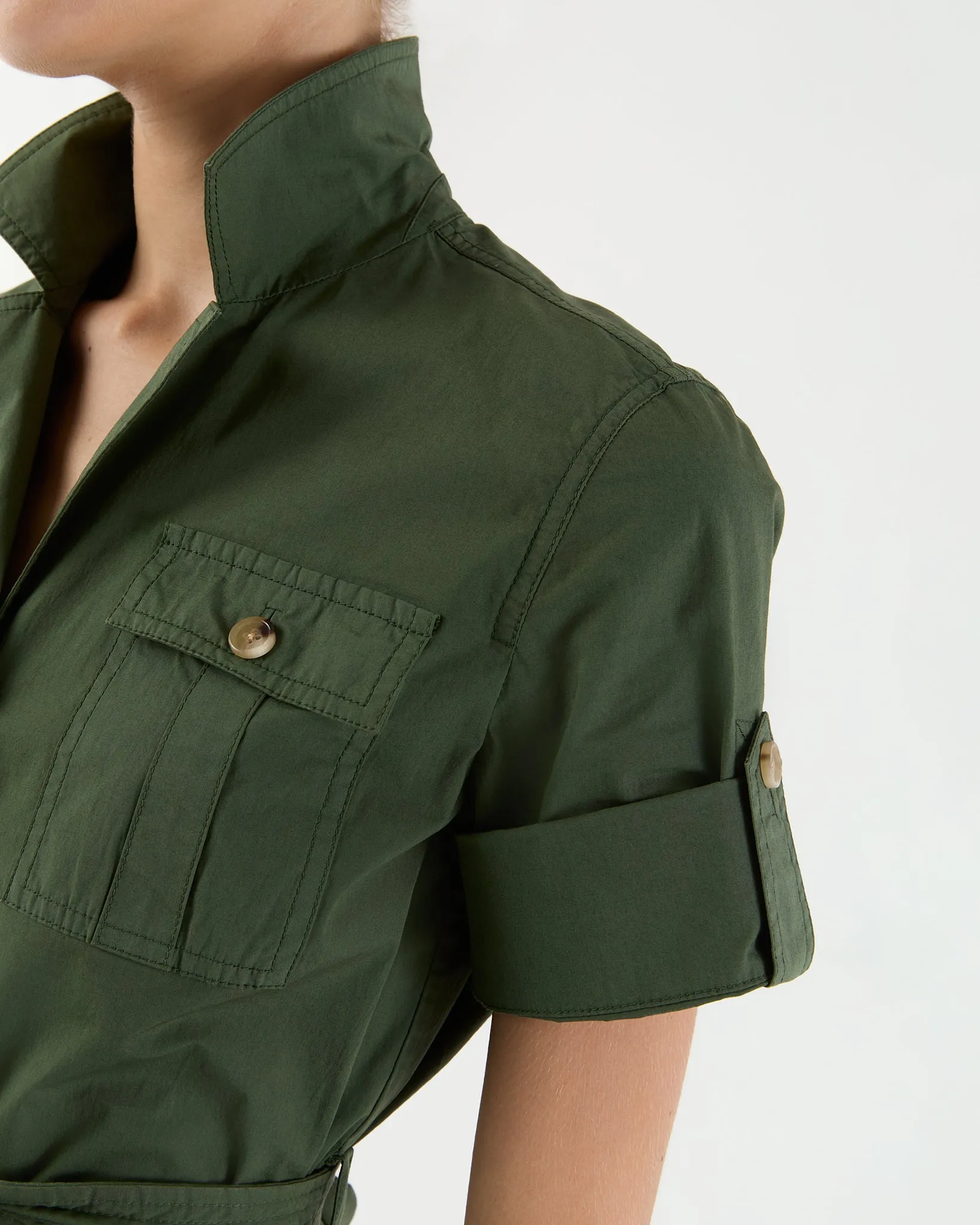 Short-Sleeved Tess Safari Shirt in Military Paperweight Stretch Poplin sold by Mashburn product image thumbnail 2