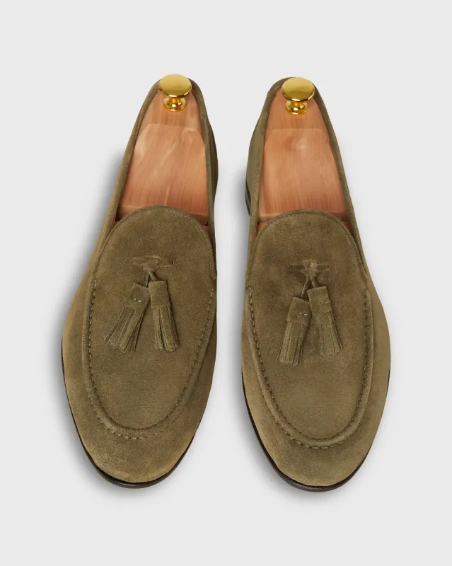 Nassau Tassel Loafer in Olive Suede sold by Mashburn