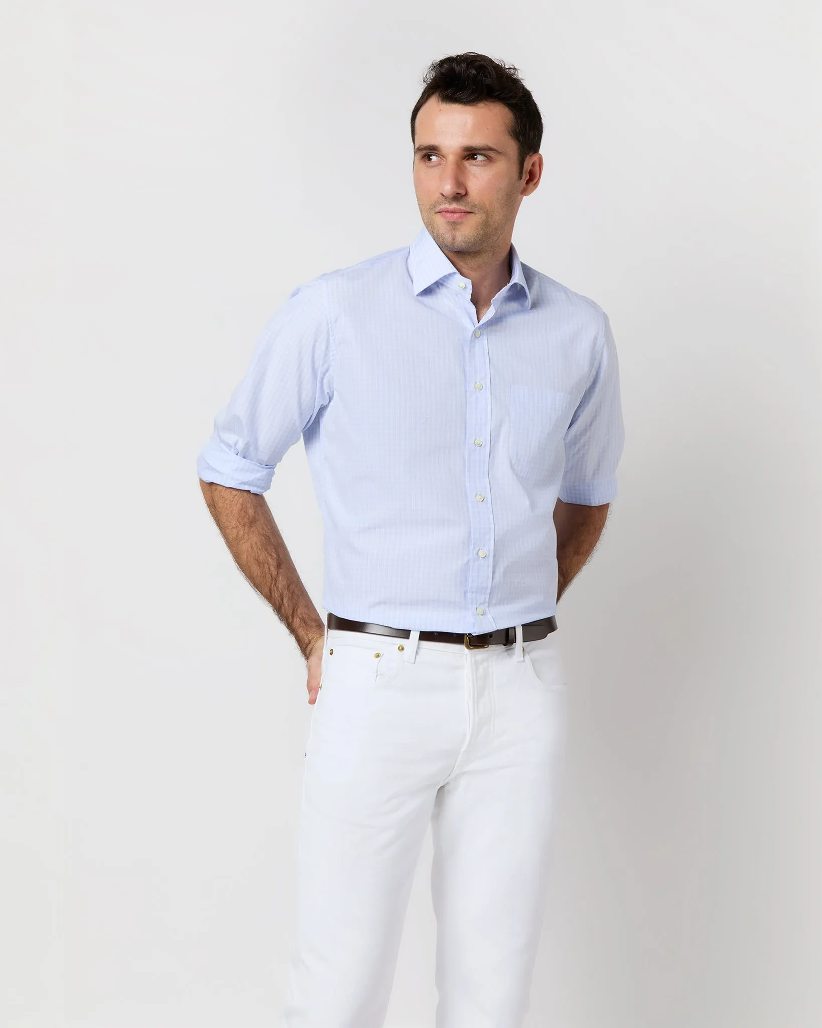 Spread Collar Dress Shirt in Blue Multi/White Check Poplin sold by Mashburn product image thumbnail 2