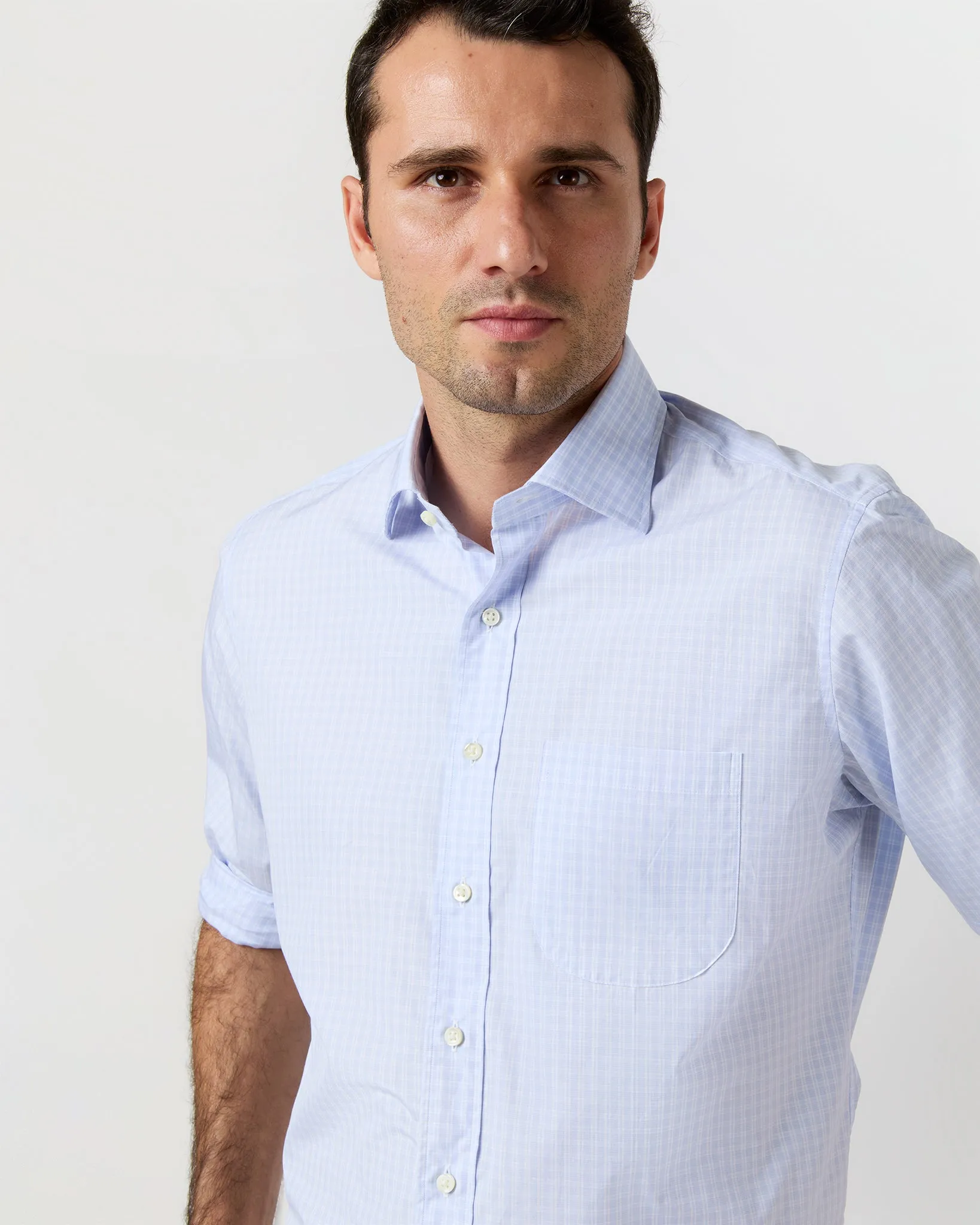 Spread Collar Dress Shirt in Blue Multi/White Check Poplin sold by Mashburn product image thumbnail 3
