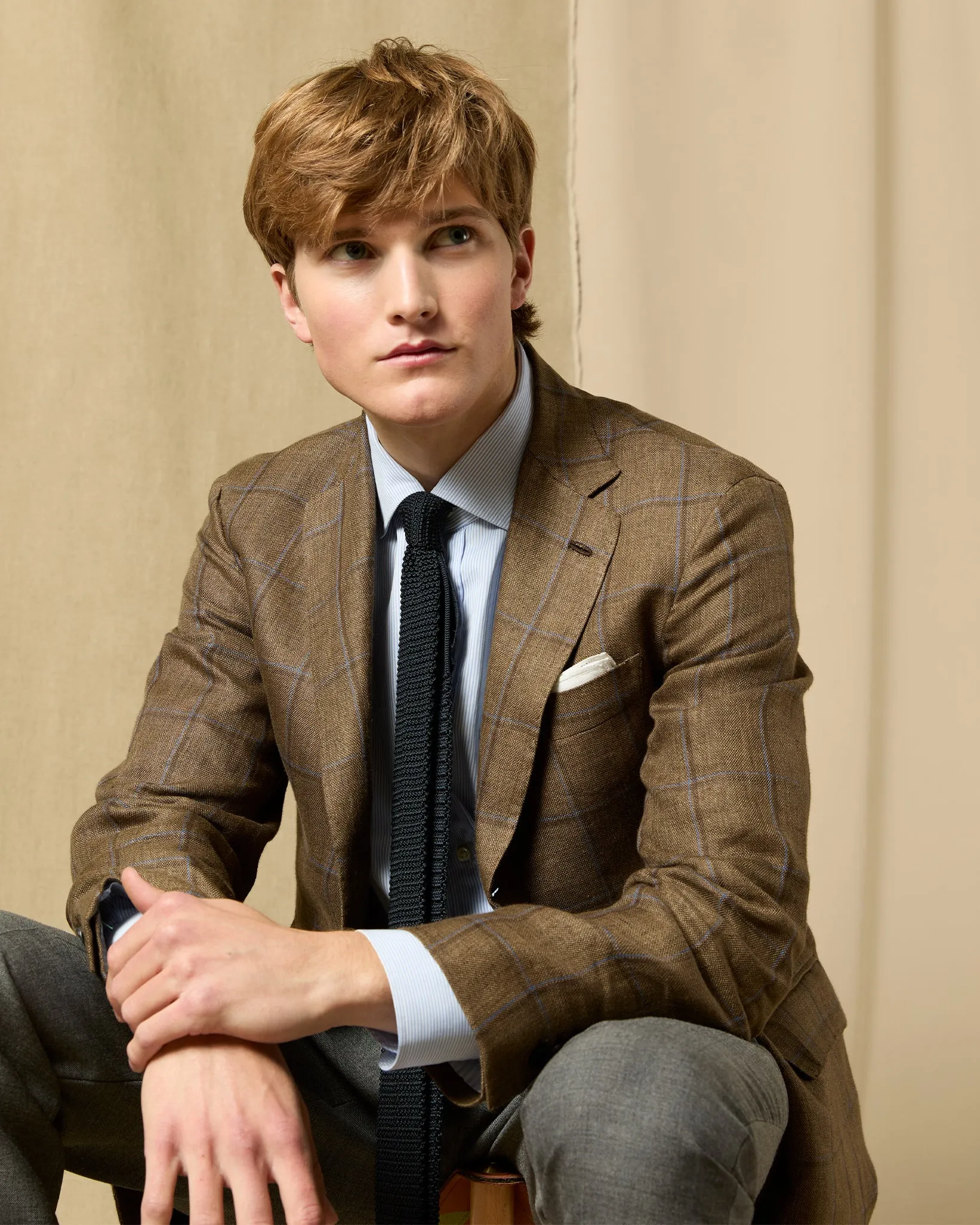 Virgil No. 4 Jacket in Brown/Blue Plaid Linen Hopsack sold by Mashburn product image thumbnail 4