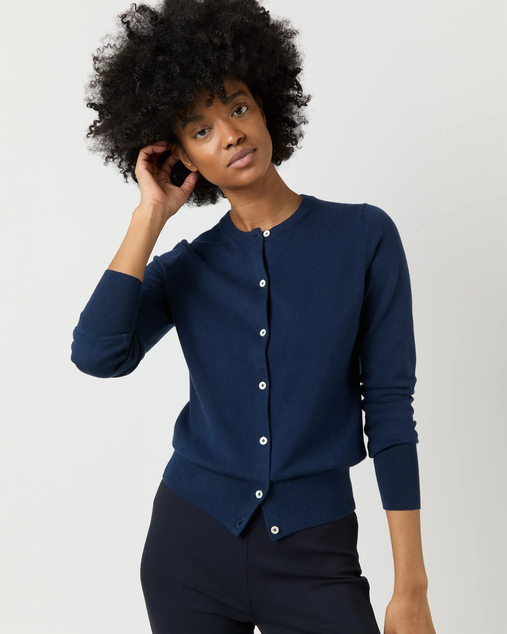 Rosie Cardigan in Navy Cotton/Silk sold by Mashburn